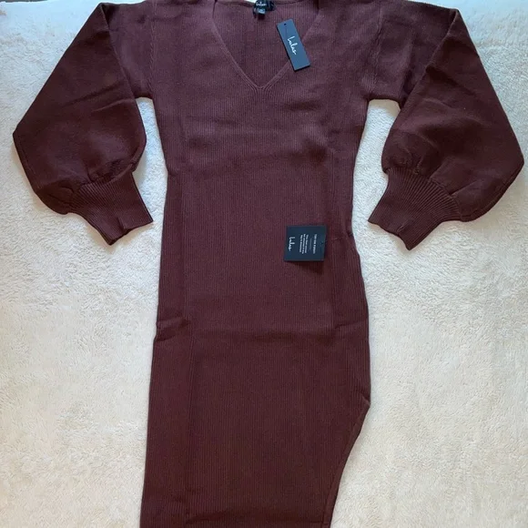 Lulus Autumn Darling Chocolate Brown Balloon Sleeve Midi Knit Sweater‎ Dress - Picture 2 of 10